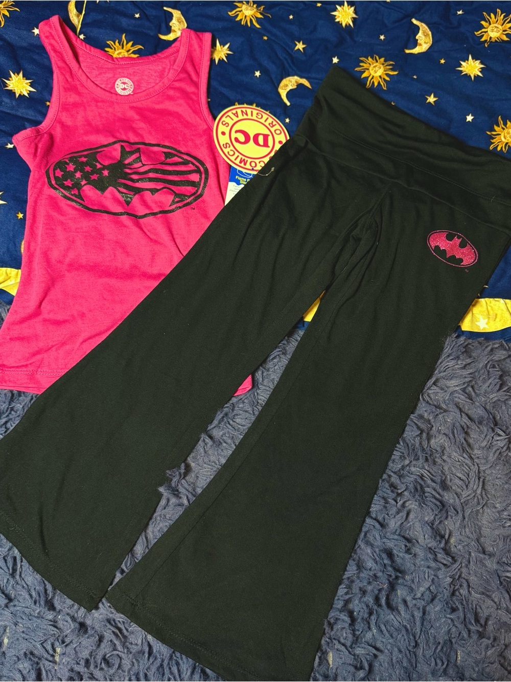 Girl’s Batman Hot Pink Black Matching Lounge Set Fold Over Pants & Tank Size 6x